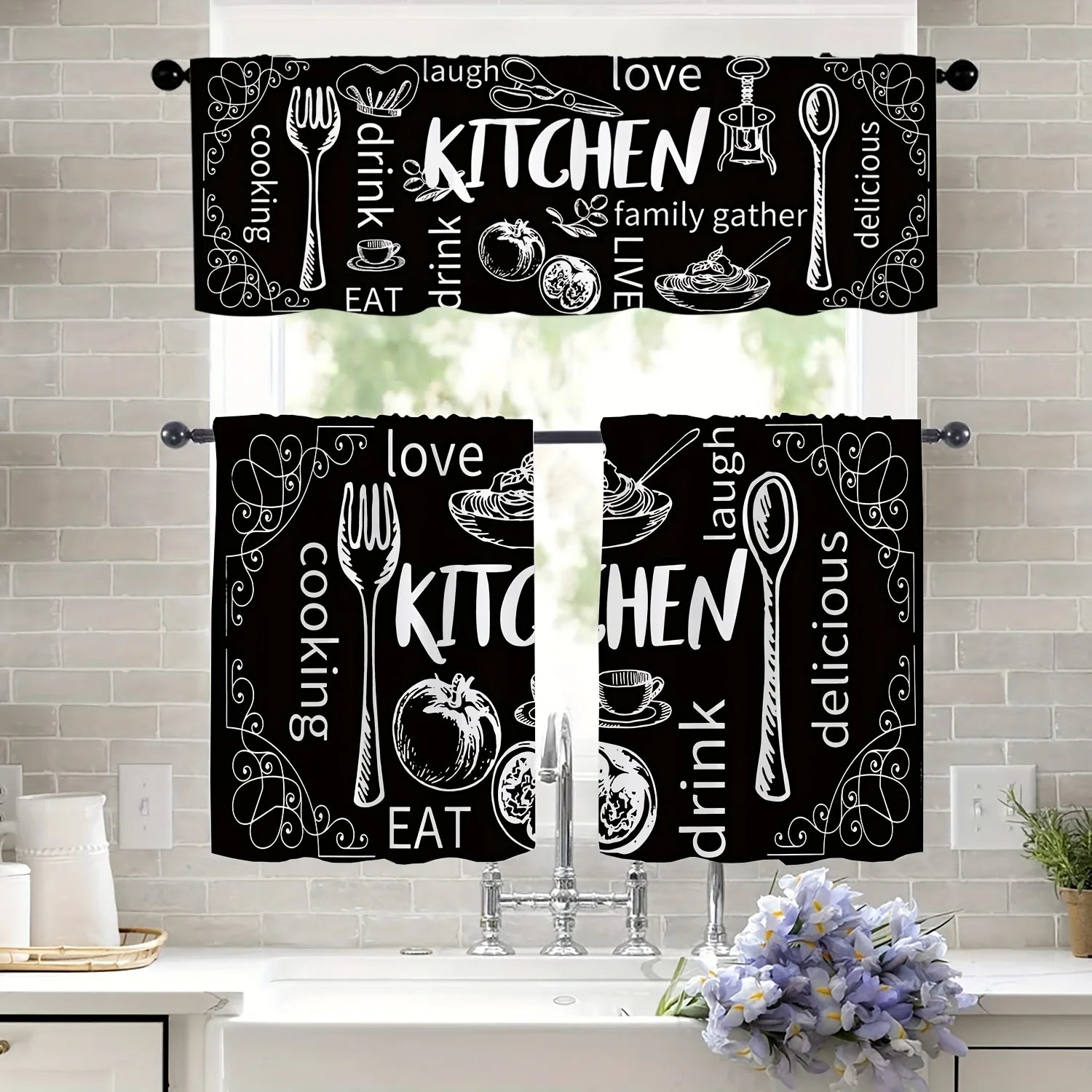 1/2pc of farmhouse kitchen short curtains, country black knife and fork retro suitable for kitchen living room home decoration.