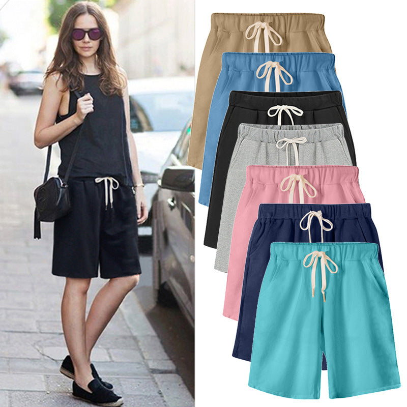 Solid Color Women's Summer High Waist 150kg Five-Point Pants Large Size Drawstring Sports Casual Pants Plus Size Slim Straight-Leg Pants Weizhong