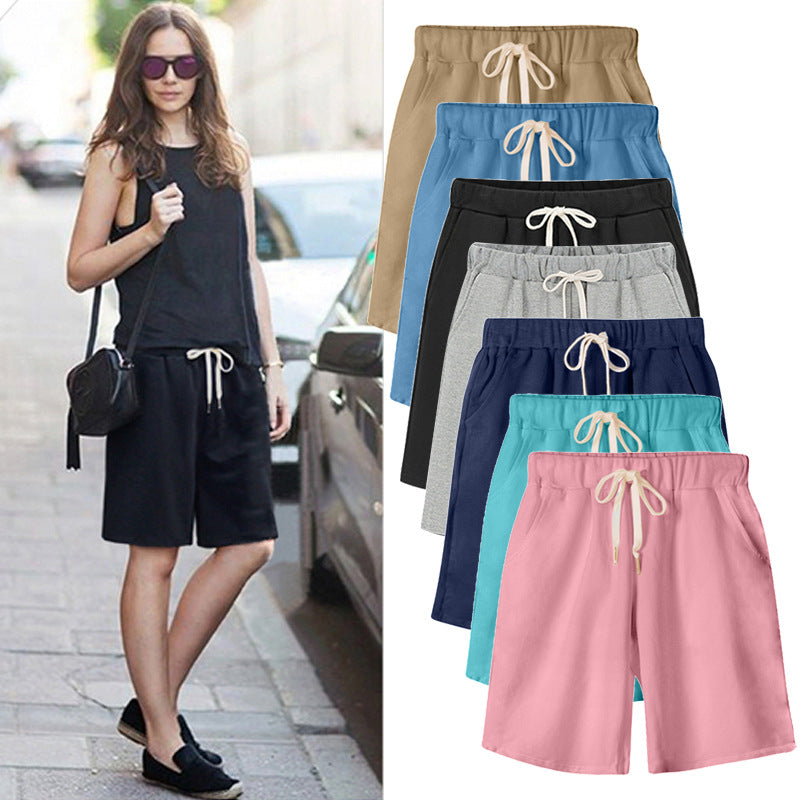 Solid Color Women's Summer High Waist 150kg Five-Point Pants Large Size Drawstring Sports Casual Pants Plus Size Slim Straight-Leg Pants Weizhong