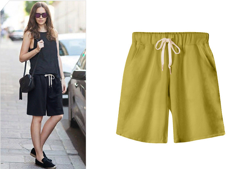 Solid Color Women's Summer High Waist 150kg Five-Point Pants Large Size Drawstring Sports Casual Pants Plus Size Slim Straight-Leg Pants Weizhong