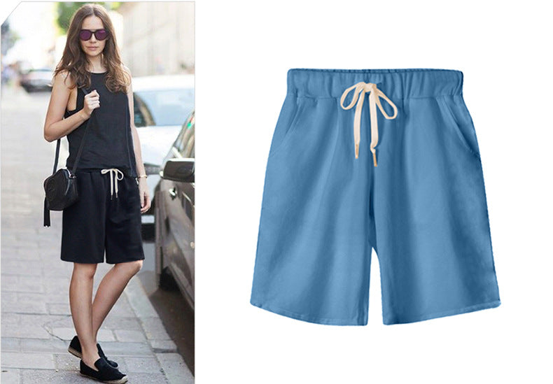 Solid Color Women's Summer High Waist 150kg Five-Point Pants Large Size Drawstring Sports Casual Pants Plus Size Slim Straight-Leg Pants Weizhong
