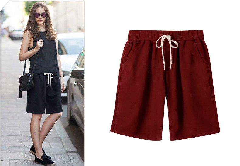 Solid Color Women's Summer High Waist 150kg Five-Point Pants Large Size Drawstring Sports Casual Pants Plus Size Slim Straight-Leg Pants Weizhong