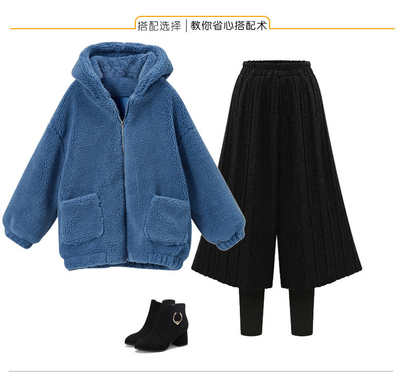 fleece-lined Thickened Leggings Women's Fake Two-piece Wide-leg Pants Winter New Korean-style Loose plus size Pants All-match Outer Wear