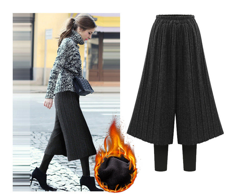 fleece-lined Thickened Leggings Women's Fake Two-piece Wide-leg Pants Winter New Korean-style Loose plus size Pants All-match Outer Wear