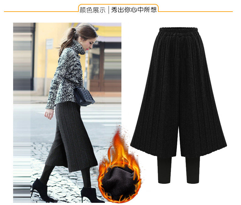 fleece-lined Thickened Leggings Women's Fake Two-piece Wide-leg Pants Winter New Korean-style Loose plus size Pants All-match Outer Wear