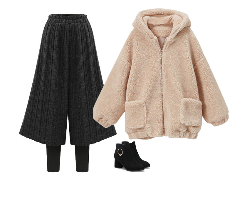 fleece-lined Thickened Leggings Women's Fake Two-piece Wide-leg Pants Winter New Korean-style Loose plus size Pants All-match Outer Wear
