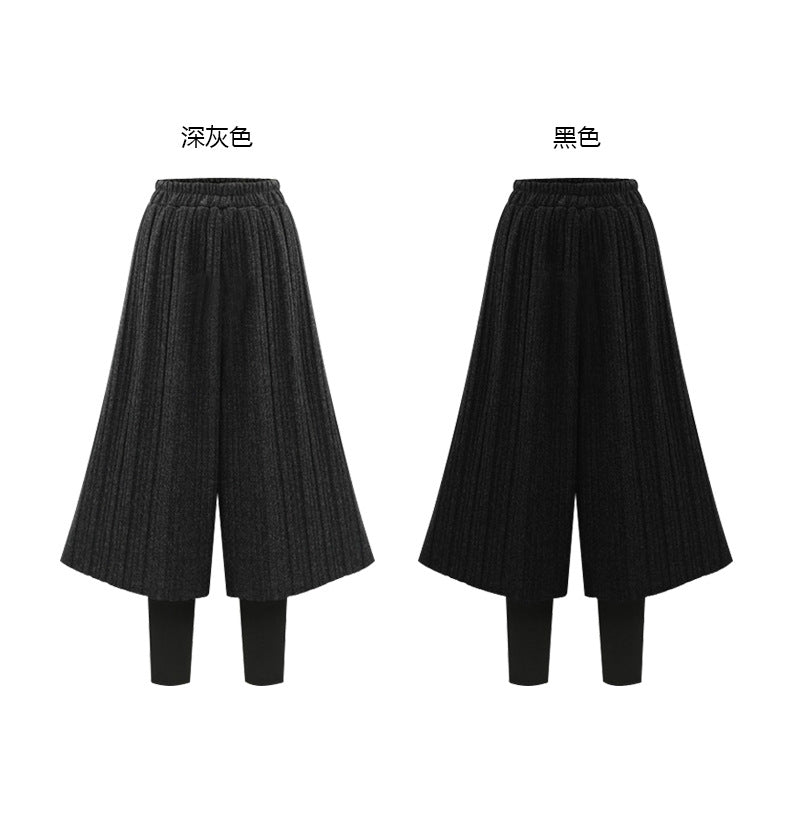 fleece-lined Thickened Leggings Women's Fake Two-piece Wide-leg Pants Winter New Korean-style Loose plus size Pants All-match Outer Wear