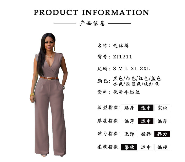 Amazon Summer New High Waist Solid Color Casual Women's Clothing European and American Foreign Trade V-neck Sleeveless Sexy Slim-fit Pants