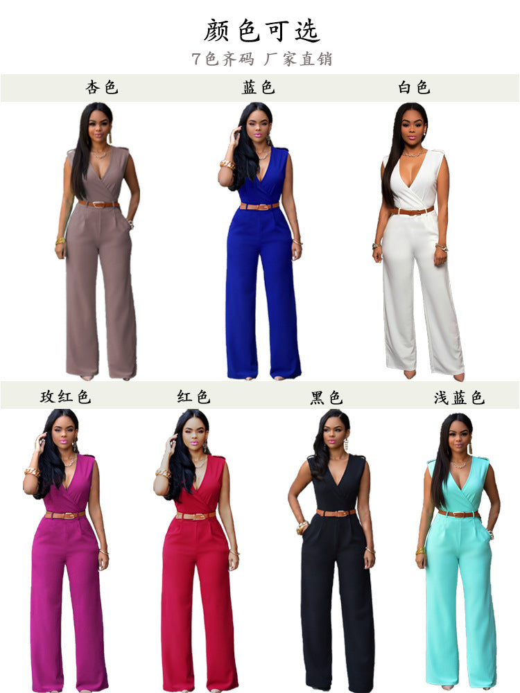 Amazon Summer New High Waist Solid Color Casual Women's Clothing European and American Foreign Trade V-neck Sleeveless Sexy Slim-fit Pants