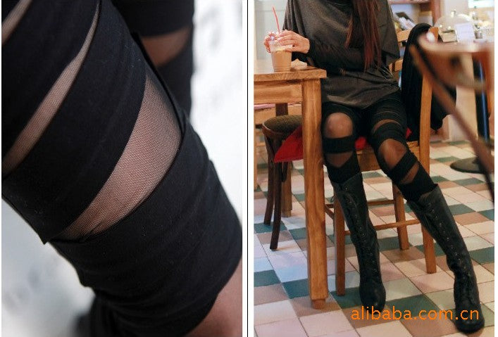 Spring and Autumn new women's high elastic plus size milk silk cross leggings mesh binding fake transparent cropped pants for women
