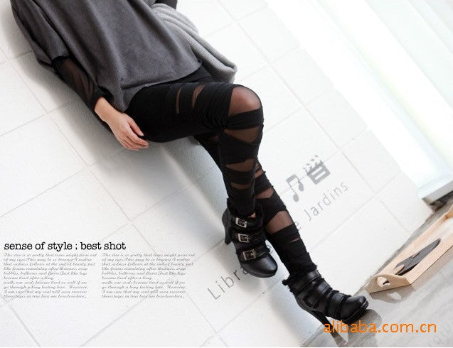 Spring and Autumn new women's high elastic plus size milk silk cross leggings mesh binding fake transparent cropped pants for women