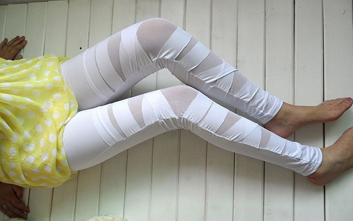 Spring and Autumn new women's high elastic plus size milk silk cross leggings mesh binding fake transparent cropped pants for women