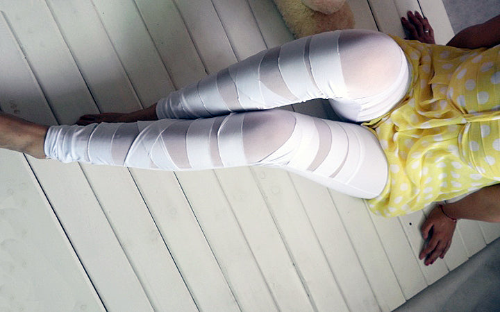 Spring and Autumn new women's high elastic plus size milk silk cross leggings mesh binding fake transparent cropped pants for women