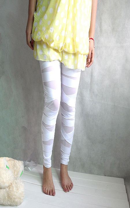 Spring and Autumn new women's high elastic plus size milk silk cross leggings mesh binding fake transparent cropped pants for women