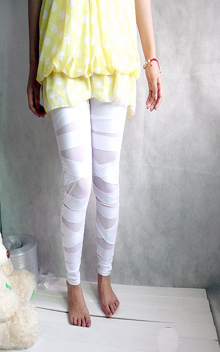 Spring and Autumn new women's high elastic plus size milk silk cross leggings mesh binding fake transparent cropped pants for women