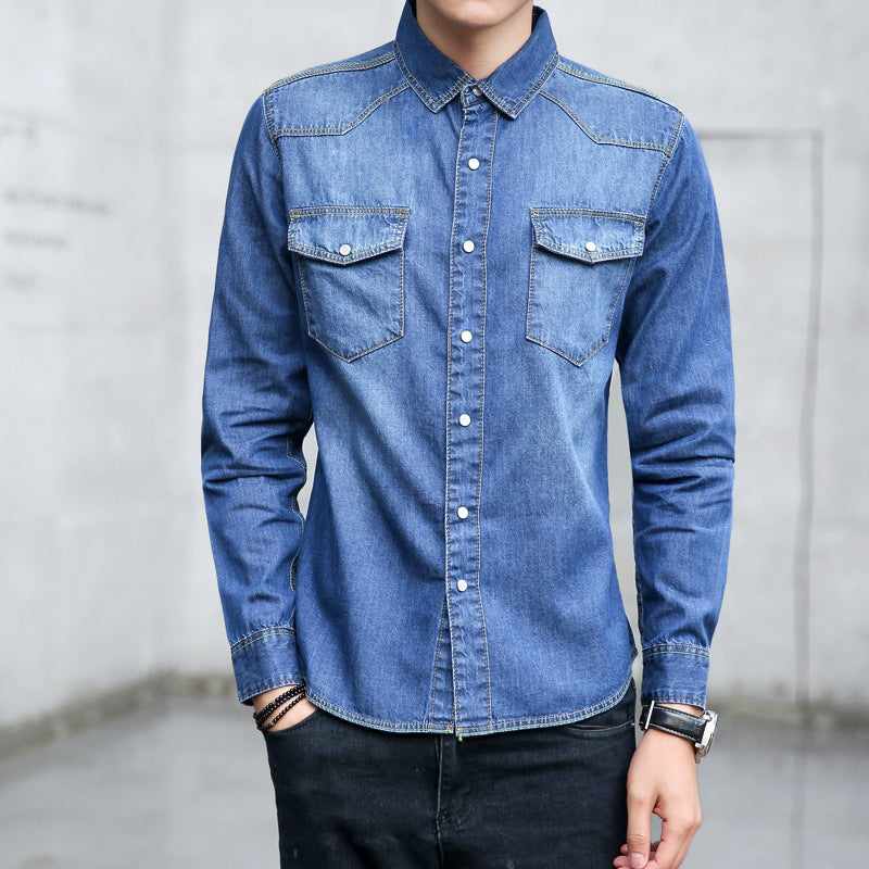 Spring and autumn men's denim shirt Korean fashion slim long sleeve shirt men's new cotton denim wholesale