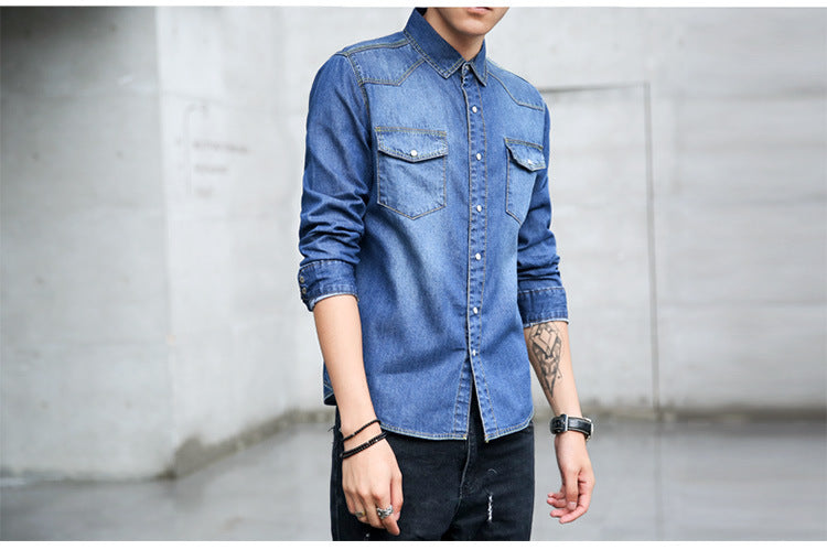 Spring and autumn men's denim shirt Korean fashion slim long sleeve shirt men's new cotton denim wholesale