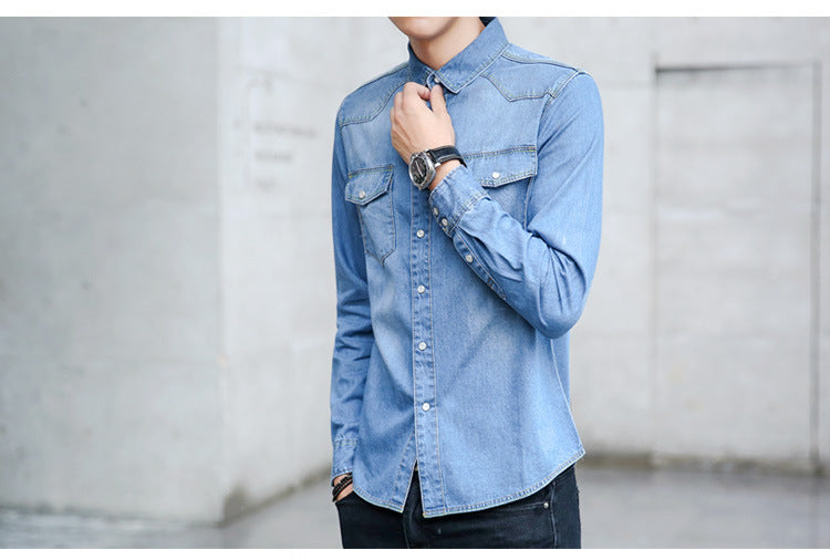 Spring and autumn men's denim shirt Korean fashion slim long sleeve shirt men's new cotton denim wholesale