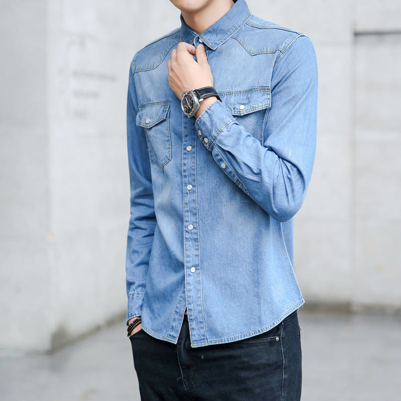 Spring and autumn men's denim shirt Korean fashion slim long sleeve shirt men's new cotton denim wholesale