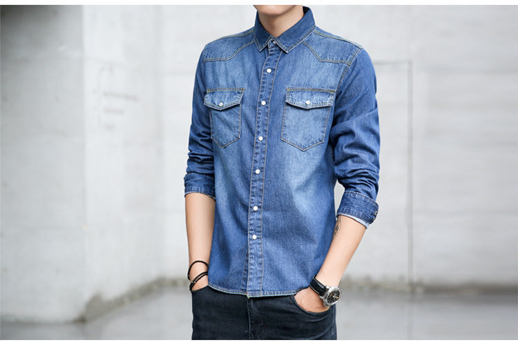 Spring and autumn men's denim shirt Korean fashion slim long sleeve shirt men's new cotton denim wholesale