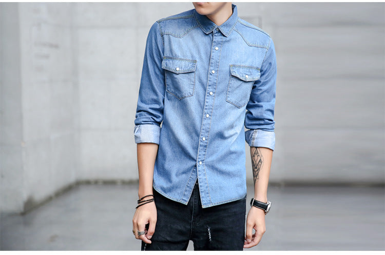 Spring and autumn men's denim shirt Korean fashion slim long sleeve shirt men's new cotton denim wholesale