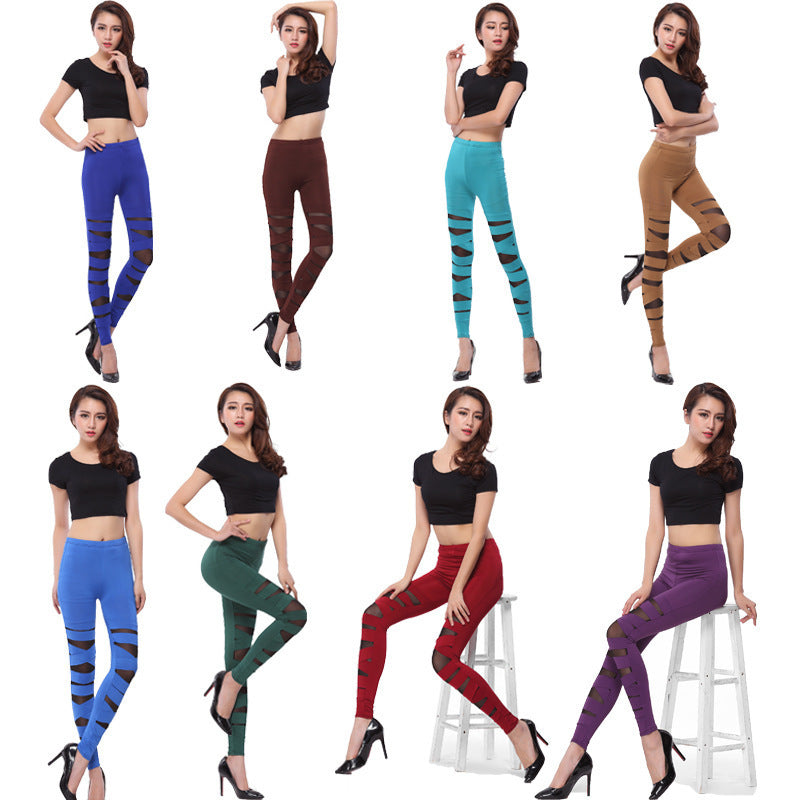 Spring and Autumn new women's high elastic plus size milk silk cross leggings mesh binding fake transparent cropped pants for women