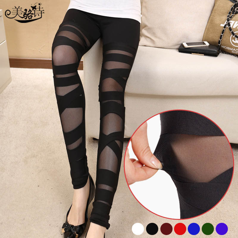 Spring and Autumn new women's high elastic plus size milk silk cross leggings mesh binding fake transparent cropped pants for women