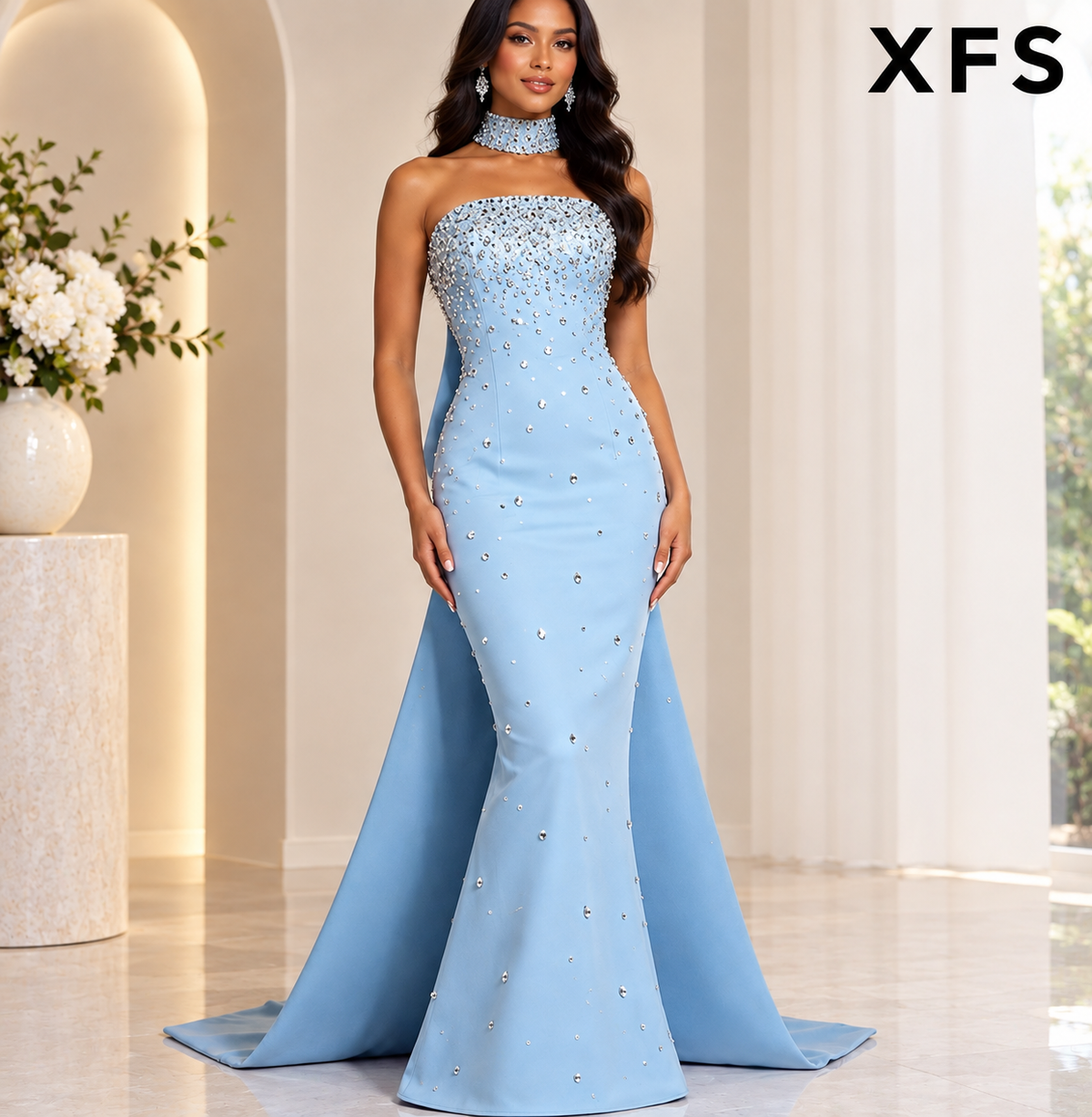 Long Beaded And Diamond-encrusted Evening Gown With A Train Evening Gown