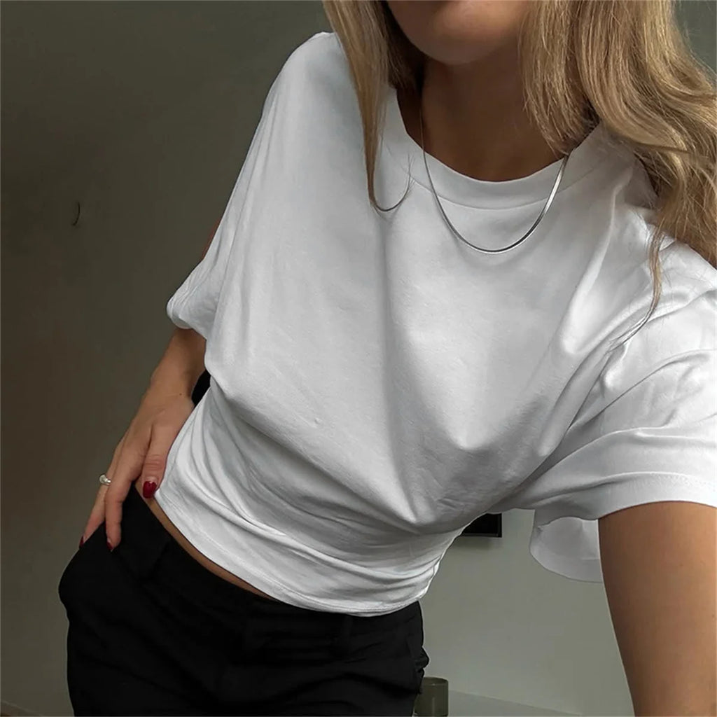 Women's Summer Loose Half Sleeve T-Shirt Tops O-Neck Waist Slimming Sweet Hottie Design Sense Positive Shoulder Chic Tees Top