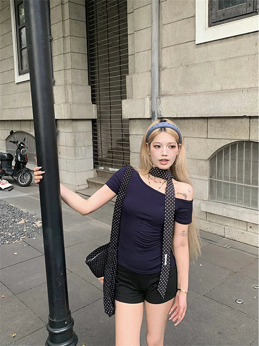 Y2k Sport Summer Off shoulder Top Women Letter Sexy Vintage 2000s Short sleeve T shirt Lady Body Basic Crop Top Female Casual