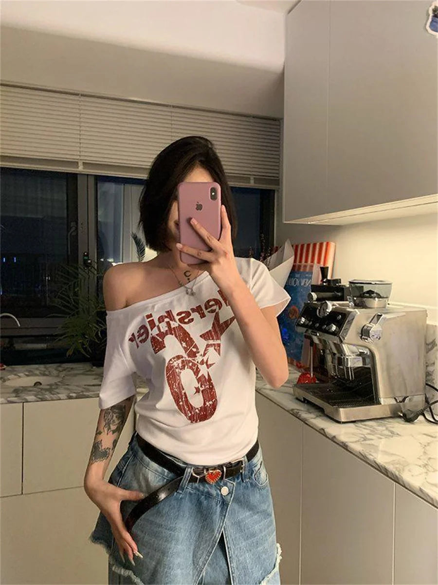 Y2k Sport Summer Off shoulder Top Women Letter Sexy Vintage 2000s Short sleeve T shirt Lady Body Basic Crop Top Female Casual