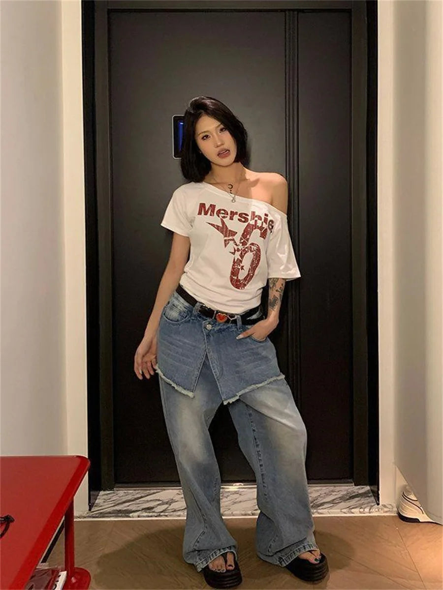 Y2k Sport Summer Off shoulder Top Women Letter Sexy Vintage 2000s Short sleeve T shirt Lady Body Basic Crop Top Female Casual