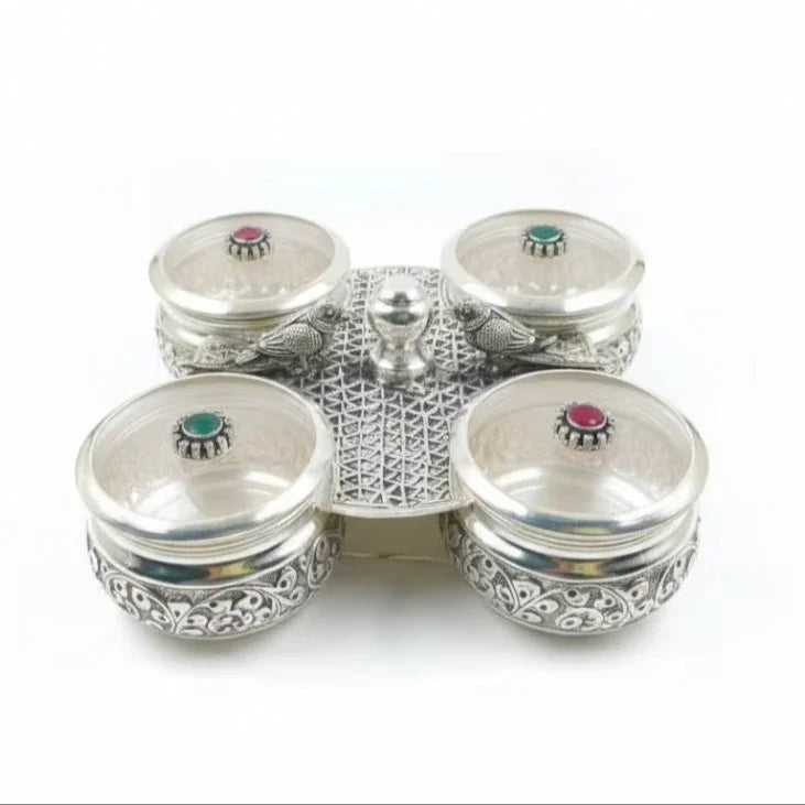 Sterling Silver Dry Fruit Bowl Set Four Covered Stand Eco-Friendly Handcrafted Premium Indian Serveware for Home Decor