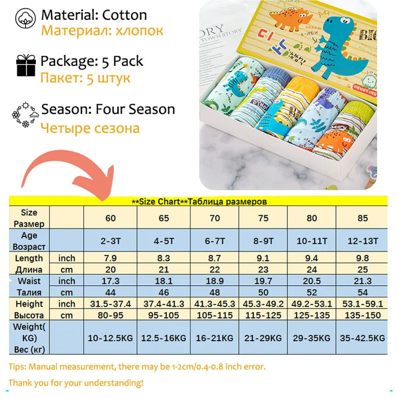 5/10 Pieces Cotton Kids Triangle Underwear Aged 2-13 Boys Briefs Dinosaur Print Cartoon Dog Pattern Soft Toddler Boys Underpants