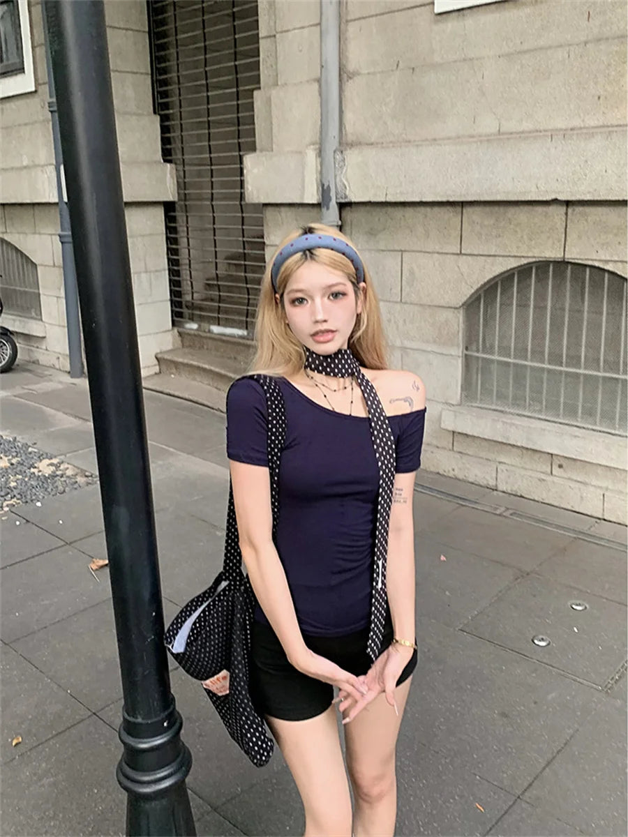 Y2k Sport Summer Off shoulder Top Women Letter Sexy Vintage 2000s Short sleeve T shirt Lady Body Basic Crop Top Female Casual