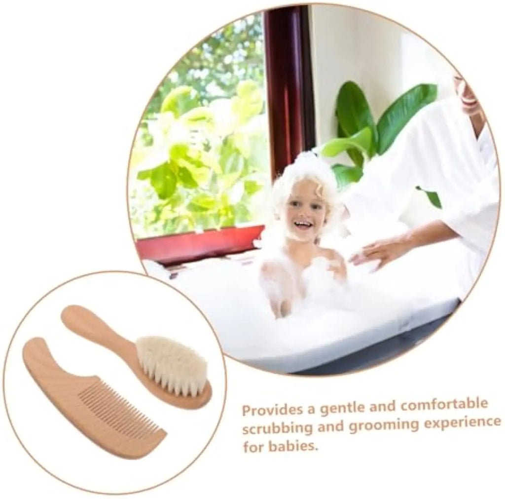 2pcs Baby Comb Set Baby Care Hair Brush Beech Soft Wool Wood Comb Newborn Massager Baby Shower And Gift Baby Hair Soothing
