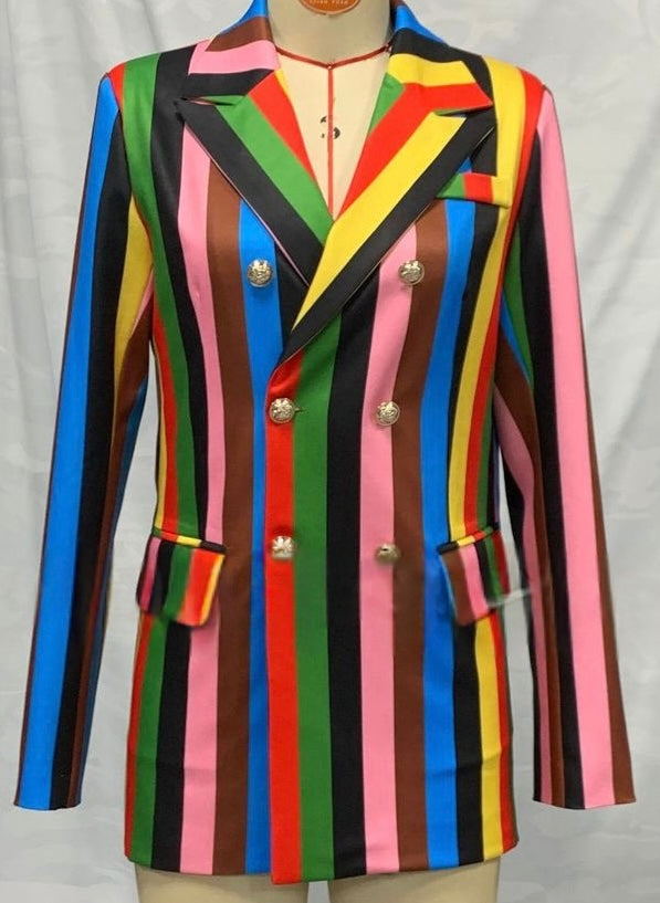 Cross-border European And American Autumn Winter Rainbow Stripe Design Lapel Blazer Women's Outfit