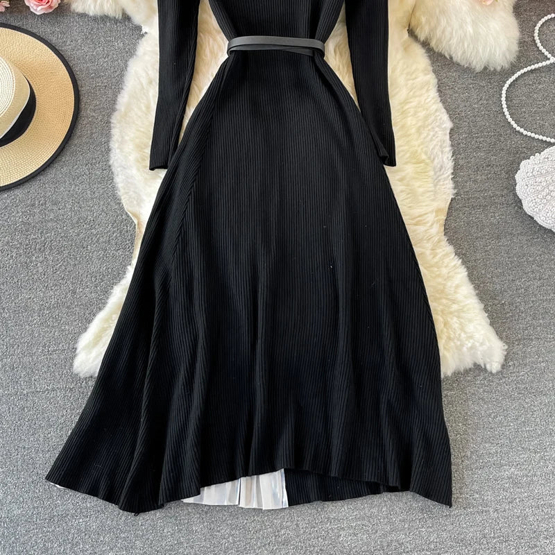 Autumn Winter Women Gradient Color Patchwork Pleated Sweater Dress Elegant Long Sleeve Midi Knitted Party Vestidos With Belt