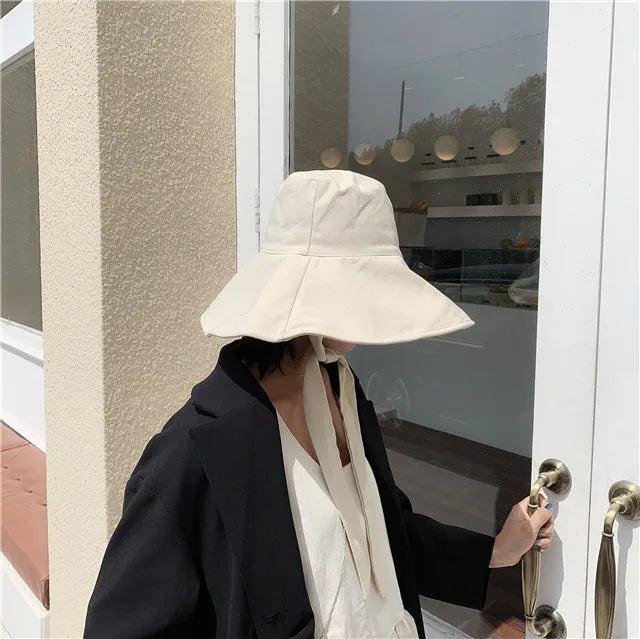 2021 New Summer Autumn Large Brim Fisherman Hat Women Cotton Linen Round Dome Bandage Bow Big Foldable Sun Hats Fishermen Hat
