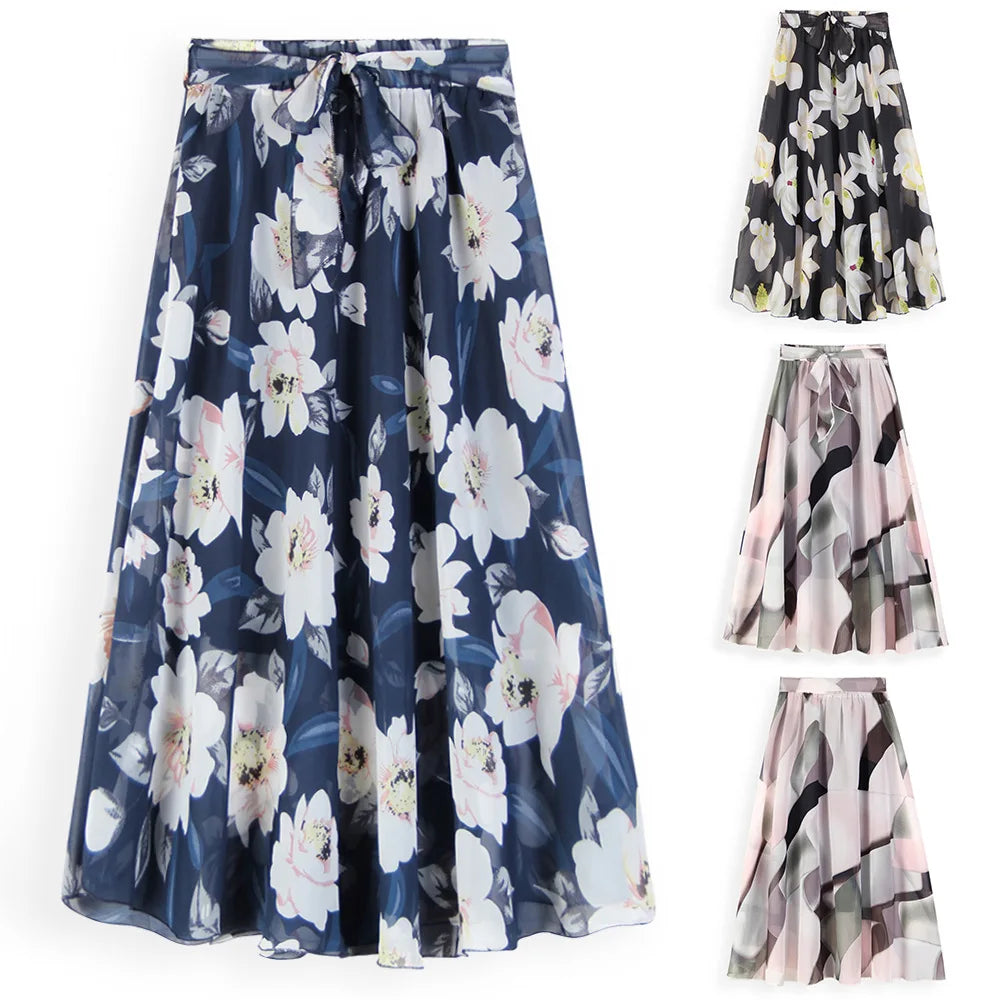 YiXin S-3XL Womens Skirts Printed Chiffon Fashion a Line High Waisted Floral Skirt Wholesale Long Skirts