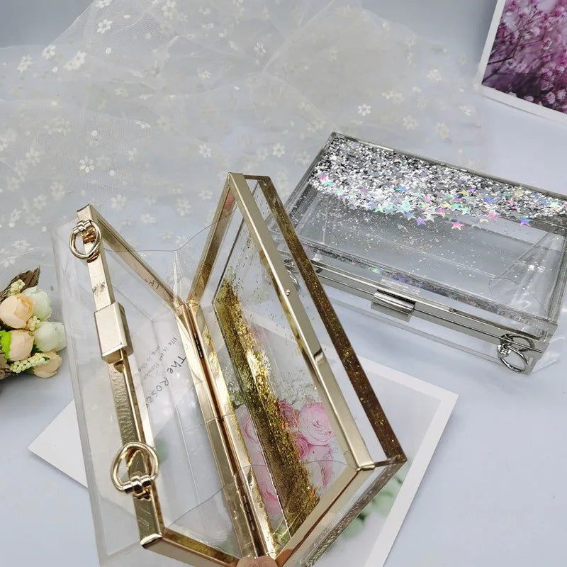 Women's Luxury Liquid Glitter Acrylic Clutch Purse Quicksand Powder Transparent Box Bags Summer Beach Handbags With Metal Chain
