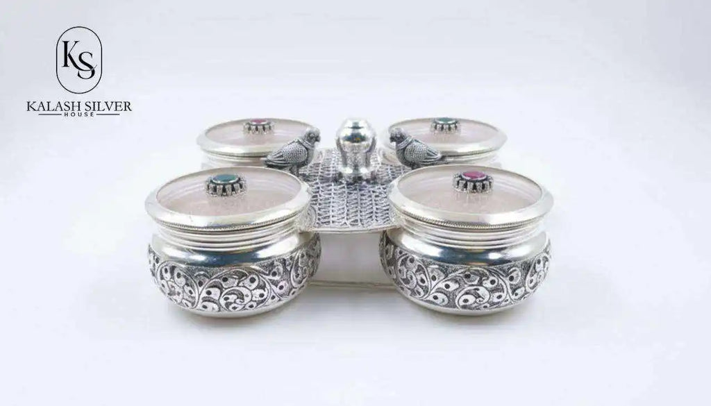 Elegant Pure Silver Kumkum Haldi Chawal Four Set Cover Decorative Base Traditional Pooja Item Eco-Friendly Home Temple Use