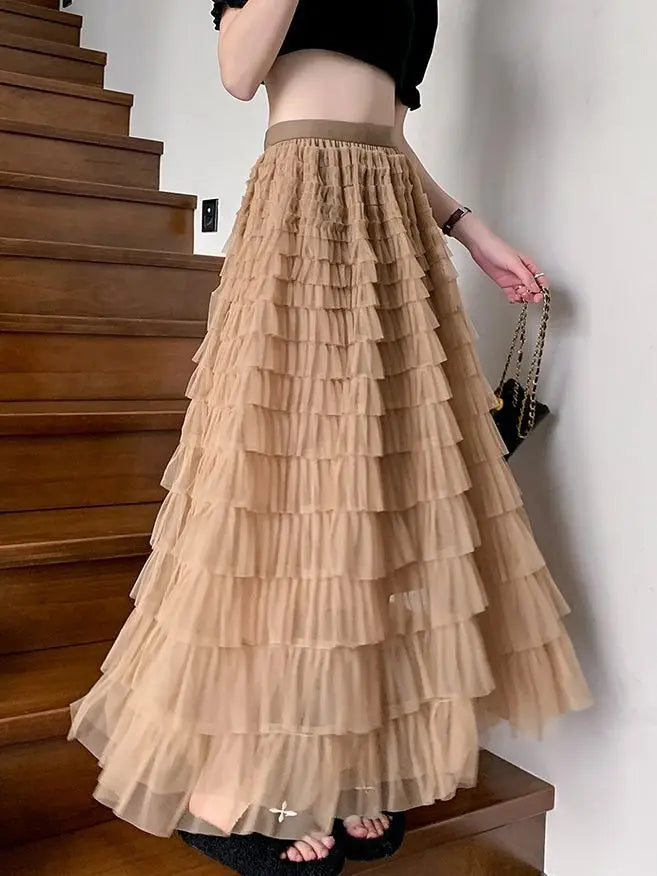 Advanced Mesh Half-Body Skirt Female Spring and Fall New High-Waisted Cake Womens Skirts