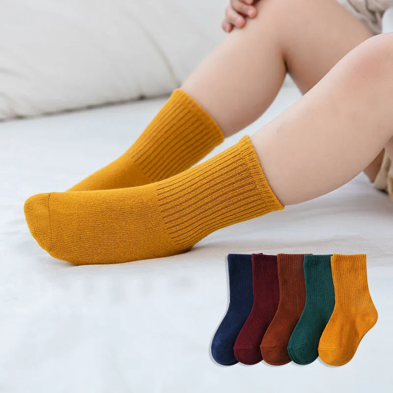 5 Pairs/Lot Autumn Winter High Elastic Simple Children Socks Korean Cotton Stripes Solid Color Alphabet Boys Girls Socks 1-12 Y
