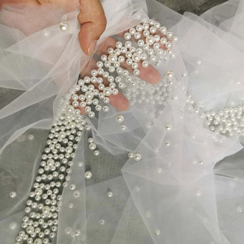 Romantic Trailing Cathedral Wedding Veil One-Layer Pearl Beading Headpiece