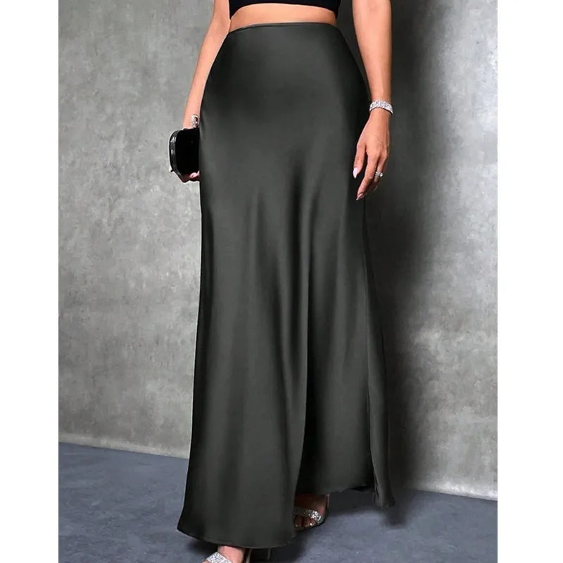Fashion Breathable Spring Casual Elegant Solid Black High Waist Satin Midi Length Women's Skirts