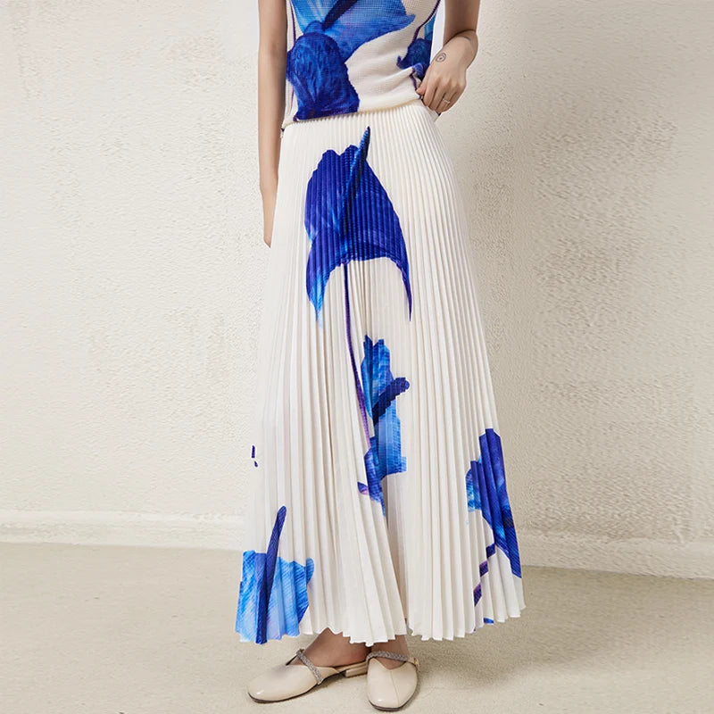 Manufacturer Wholesale High Quality Printed Pleated Skirt Women 2025 Summer Printing Elastic Waist Long Pleated Skirts Elegant