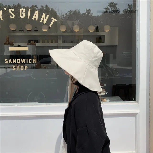 2021 New Summer Autumn Large Brim Fisherman Hat Women Cotton Linen Round Dome Bandage Bow Big Foldable Sun Hats Fishermen Hat