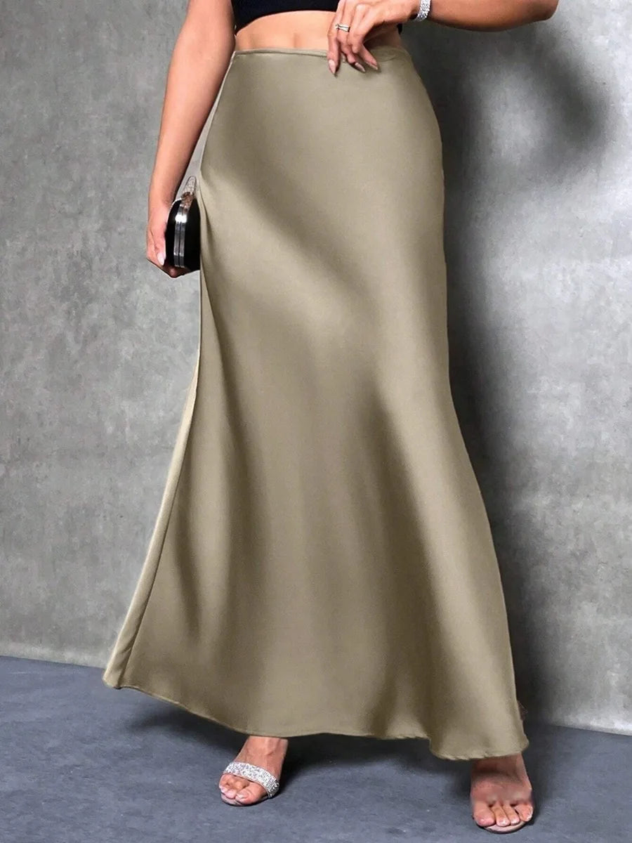 Fashion Breathable Spring Casual Elegant Solid Black High Waist Satin Midi Length Women's Skirts