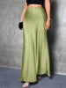Fashion Breathable Spring Casual Elegant Solid Black High Waist Satin Midi Length Women's Skirts
